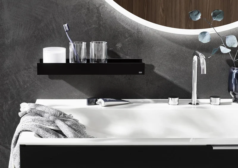 EMCO S 85 Glashalter & Flüssigseifenspender – Kristallglas, schwarz-matt, Wandmontage