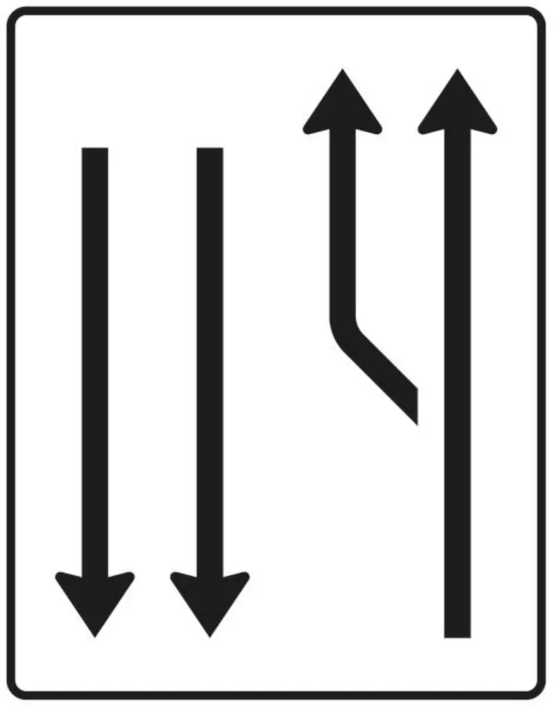 Verkehrszeichen VZ542-11 Aufweitungstafel – mit Gegenverkehr, 1-streifig plus Fahrstreifen links und 2 Fahrstreifen in Gegenrichtung