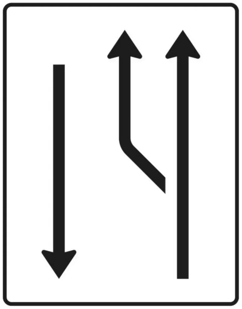 Verkehrszeichen VZ542-10 Aufweitungstafel – mit Gegenverkehr, 1-streifig plus Fahrstreifen links und 1 Fahrstreifen in Gegenrichtung