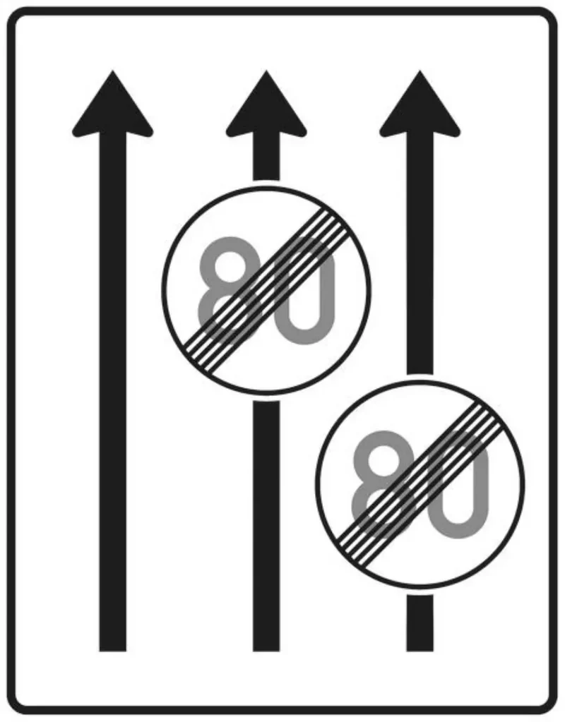 Verkehrszeichen VZ537-31 Fahrstreifentafel – ohne Gegenverkehr mit integriertem Zeichen 278 – dreistreifig in Fahrtrichtung, neues Zeichen