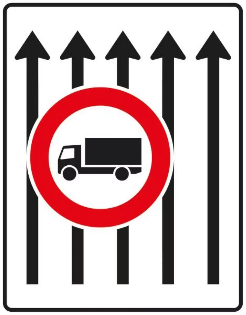 Verkehrszeichen VZ524-33 Fahrstreifentafel – ohne Gegenverkehr mit integriertem Zeichen 253 – fünfstreifig in Fahrtrichtung, neues Zeichen