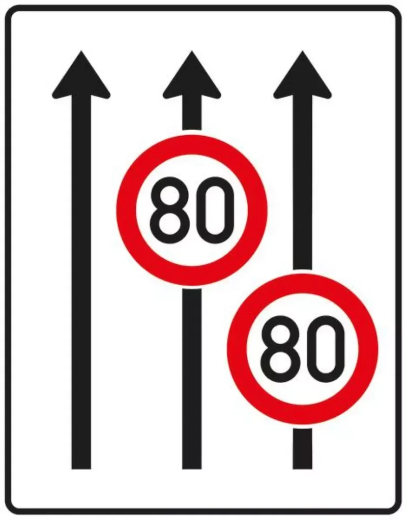 Verkehrszeichen VZ523-31 Fahrstreifentafel – ohne Gegenverkehr mit integriertem Zeichen 274 – dreistreifig in Fahrtrichtung, neues Zeichen