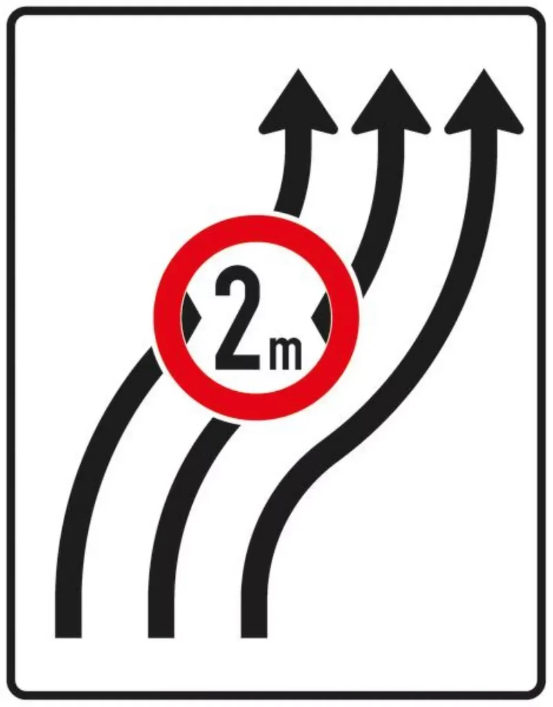 Verkehrszeichen VZ515-22 Verschwenkungstafel – ohne Gegenverkehr mit integriertem Zeichen 264 StVO – dreistreifig nach rechts, bisher Zeichen 515-23