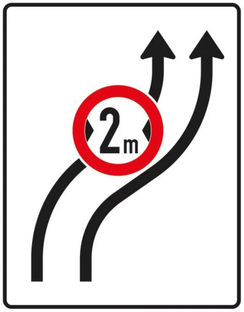 Verkehrszeichen VZ515-21 Verschwenkungstafel – ohne Gegenverkehr mit integriertem Zeichen 264 StVO – zweistreifig nach rechts, bisher Zeichen 515-22