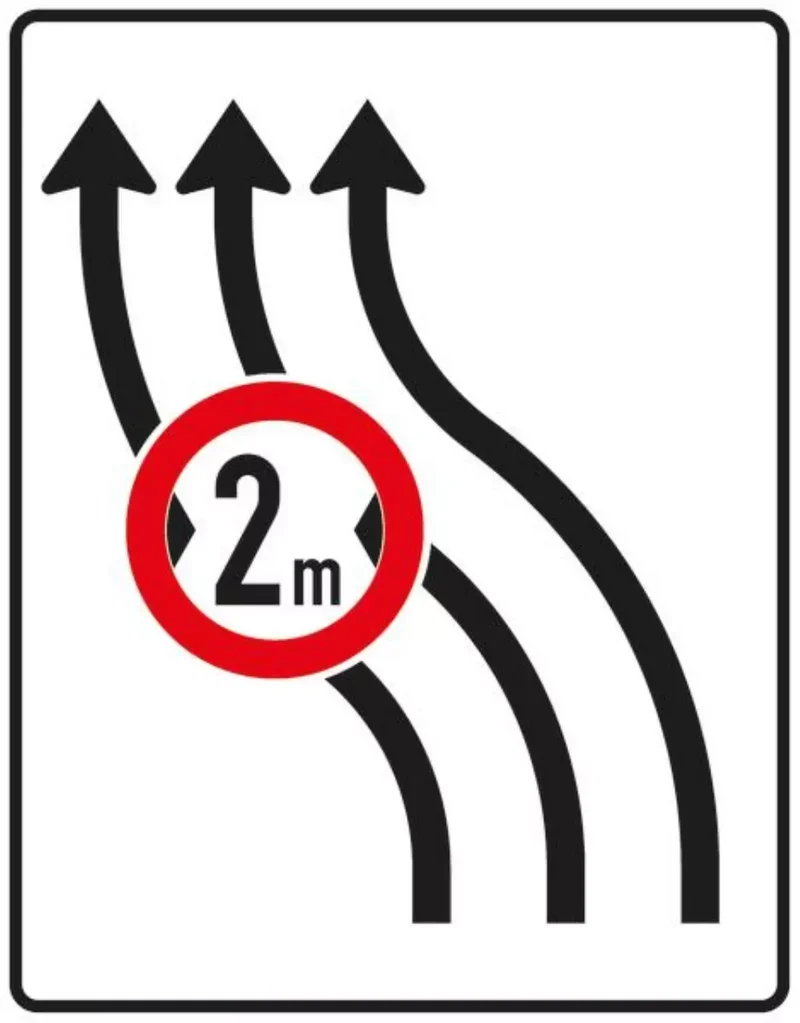 Verkehrszeichen VZ515-12 Verschwenkungstafel – ohne Gegenverkehr mit integriertem Zeichen 264 StVO – dreistreifig nach links, bisher Zeichen 515-13