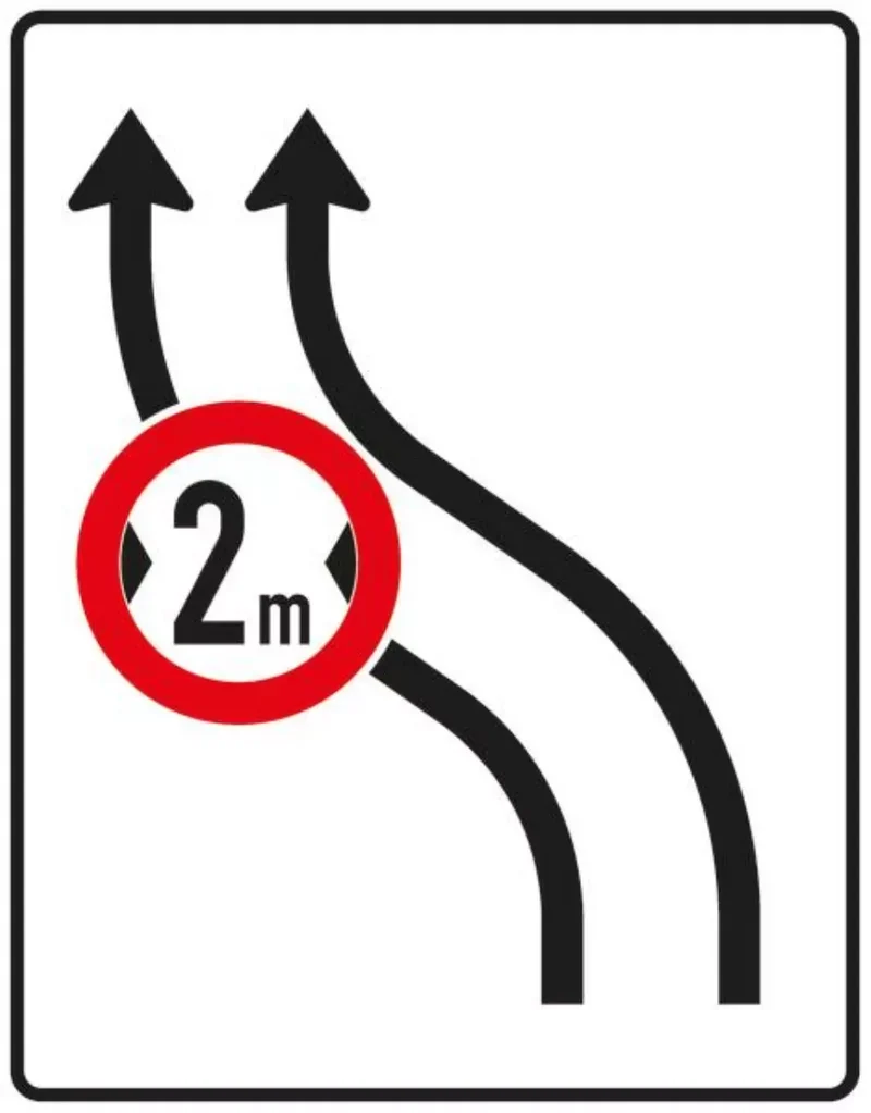 Verkehrszeichen VZ515-11 Verschwenkungstafel – ohne Gegenverkehr mit integriertem Zeichen 264 StVO – zweistreifig nach links, bisher Zeichen 515-12