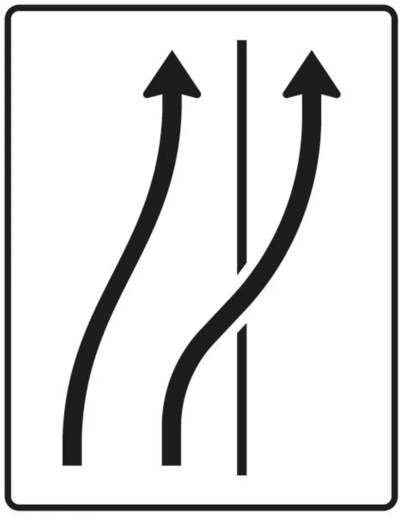 Verkehrszeichen VZ511-26 Verschwenkungstafel – ohne Gegenverkehr – zweistreifige Verschwenkung, einstreifig auf den Seitenstreifen, neues Zeichen