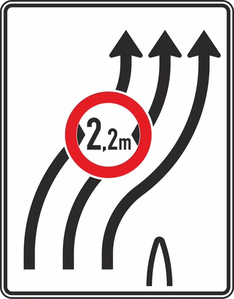 Verkehrszeichen VZ505-22 Überleitungstafel – ohne Gegenverkehr und mit integriertem Zeichen 264 – dreistreifig nach rechts, neues Zeichen