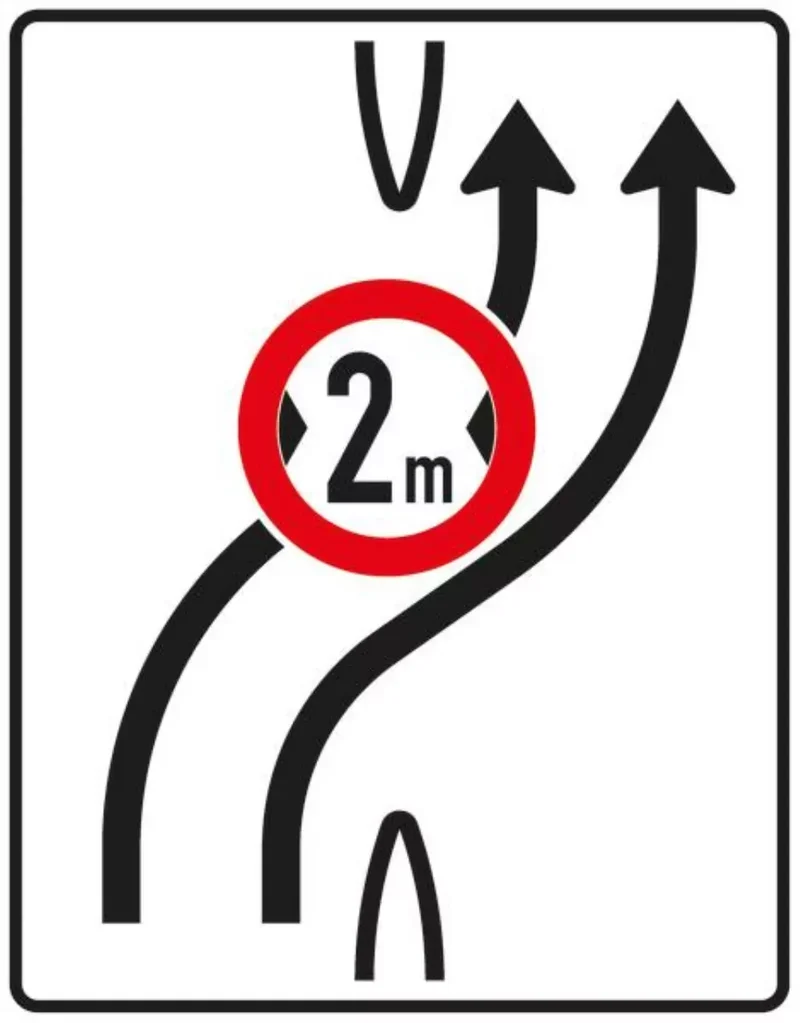 Verkehrszeichen VZ505-21 Überleitungstafel – ohne Gegenverkehr und mit integriertem Zeichen 264 – zweistreifig nach rechts, bisher Zeichen 505-22