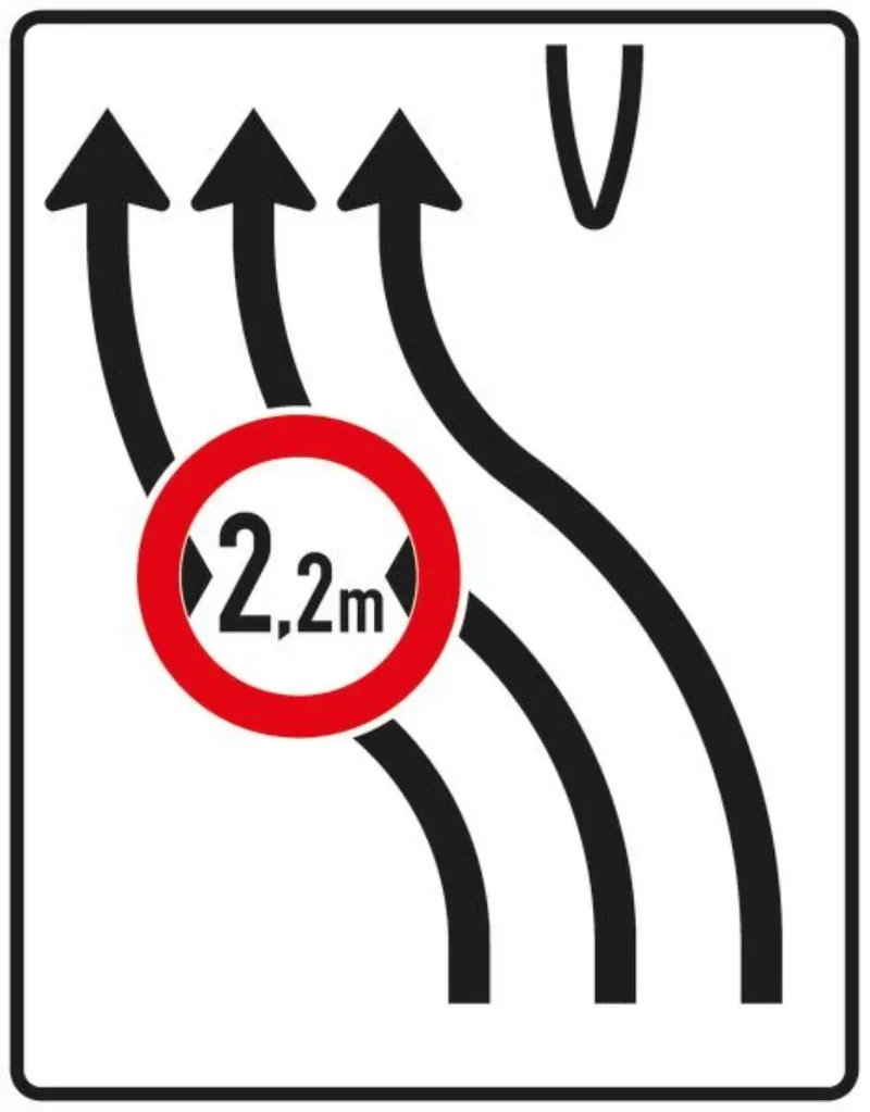 Verkehrszeichen VZ505-12 Überleitungstafel – ohne Gegenverkehr und mit integriertem Zeichen 264 – dreistreifig nach links, neues Zeichen