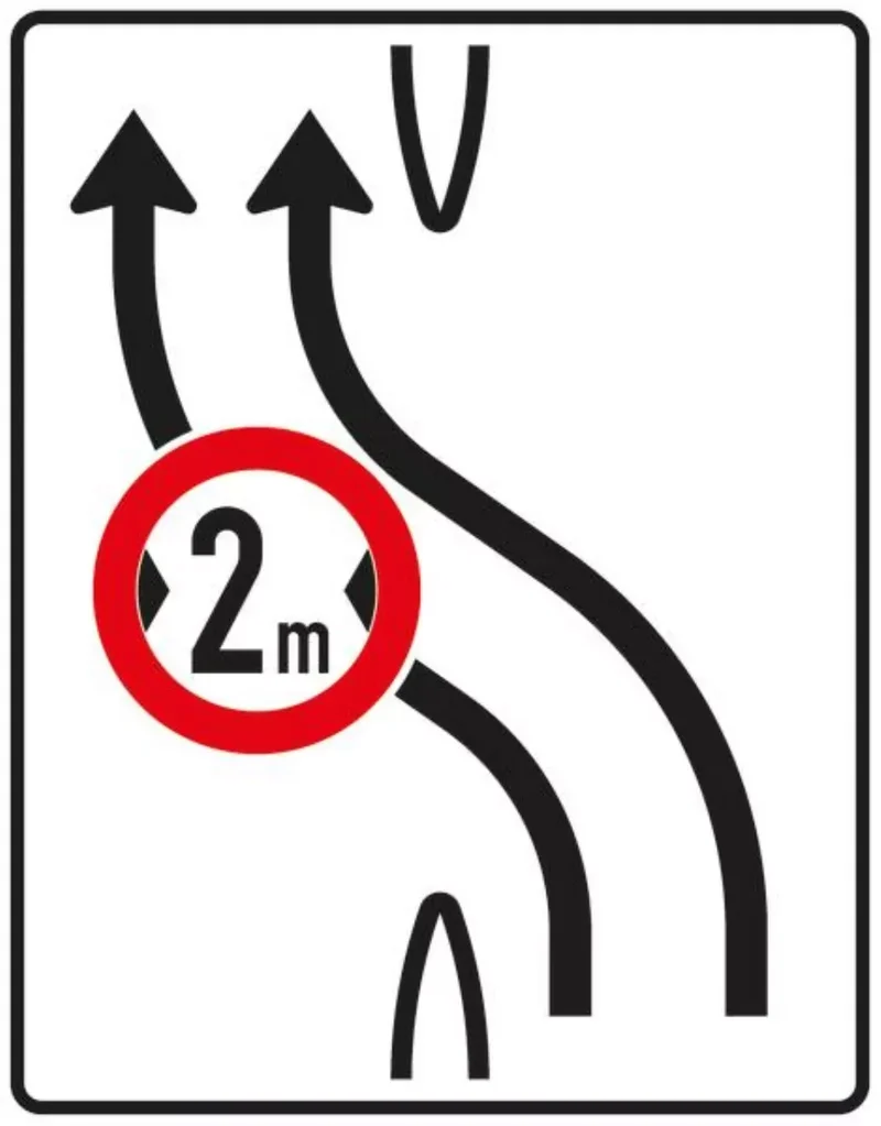 Verkehrszeichen VZ505-11 Überleitungstafel – ohne Gegenverkehr und mit integriertem Zeichen 264 – zweistreifig nach links, bisher Zeichen 505-12