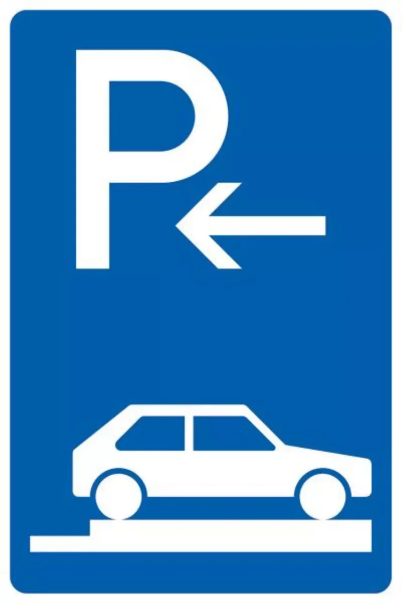 Verkehrszeichen VZ315-86 Parken auf Gehwegen ganz quer zur Fahrtrichtung rechts, Anfang