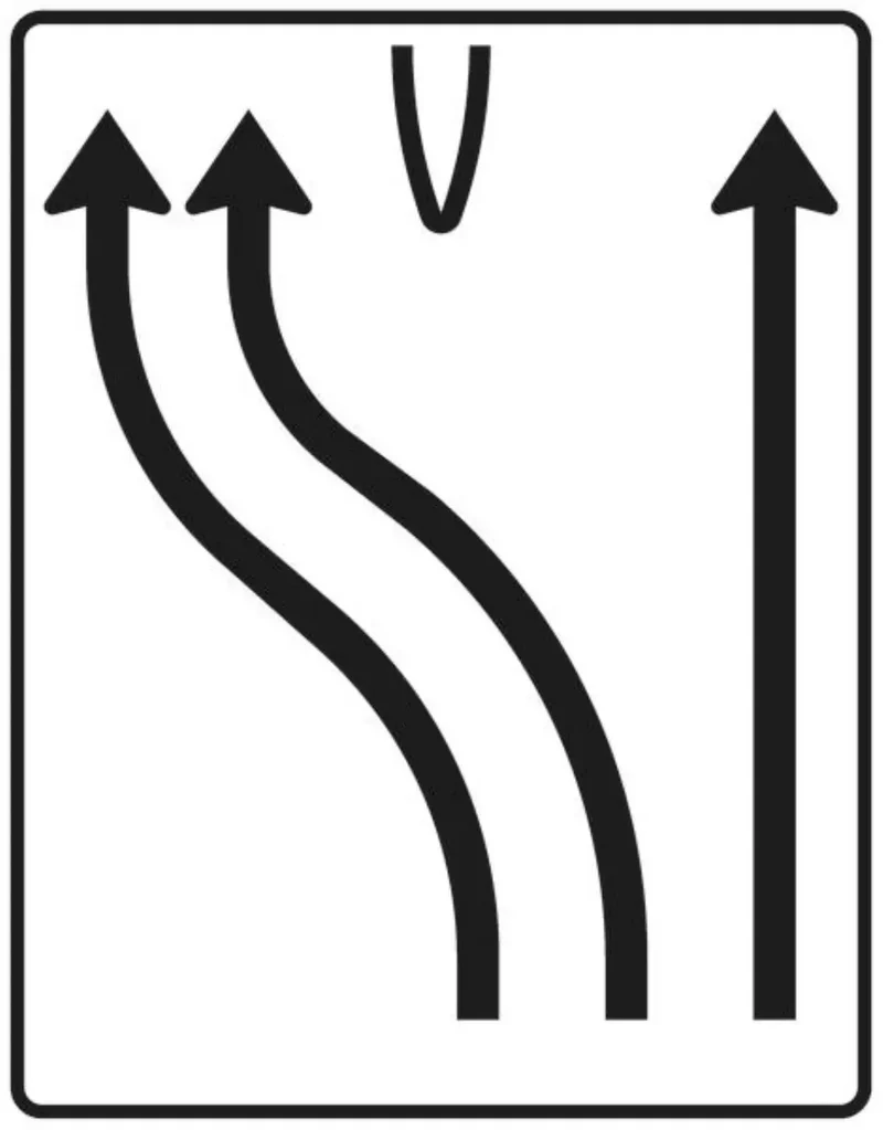 Verkehrszeichen VZ501-18 Überleitungstafel – ohne Gegenverkehr – zweistreifig nach links und einstreifig geradeaus, bisher Zeichen 501-17