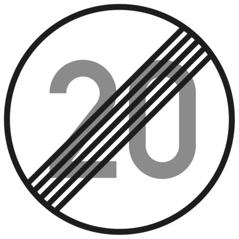 Verkehrszeichen VZ278-20 Ende der zulässigen Höchstgeschwindigkeit 20 km/h