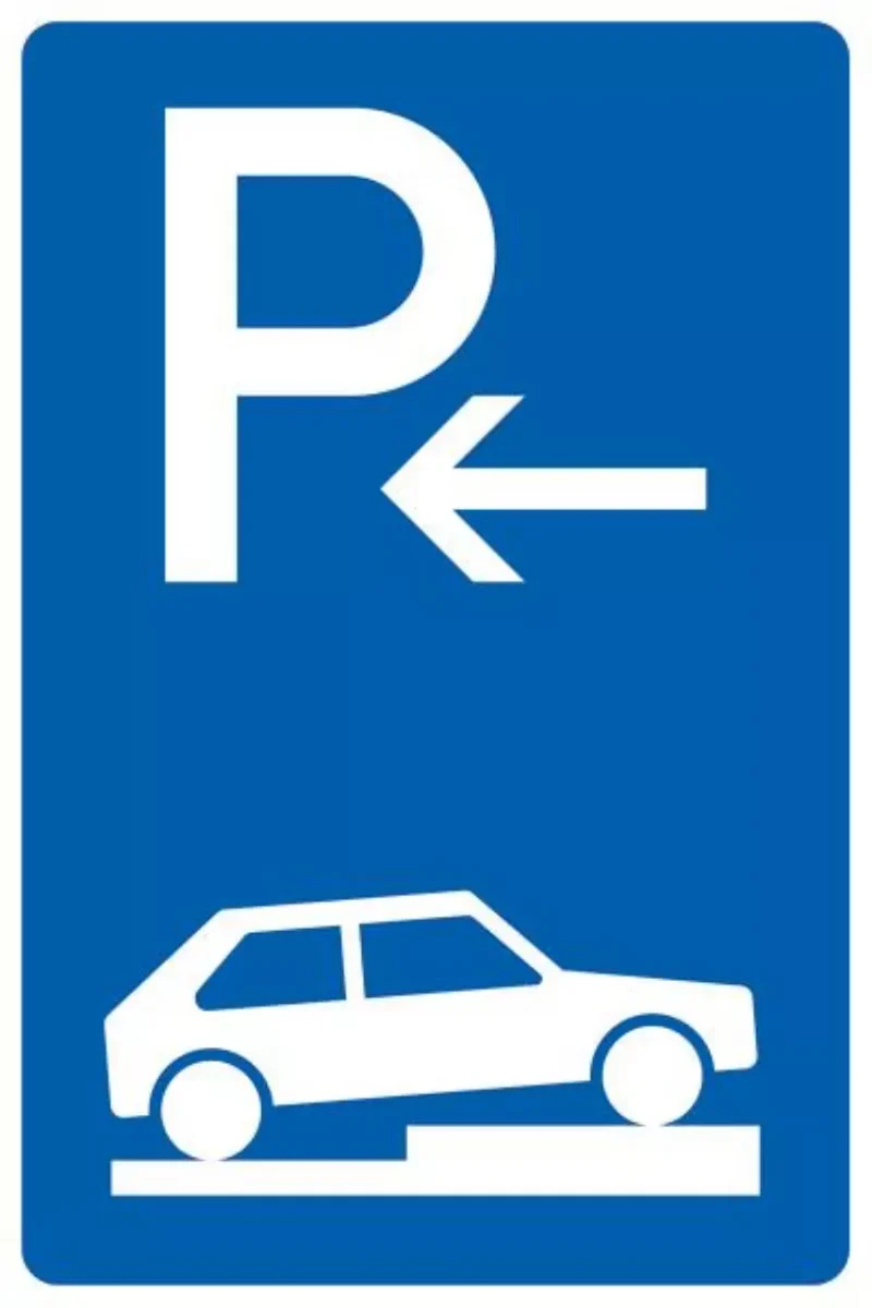 Verkehrszeichen VZ315-76 Parken auf Gehwegen halb quer zur Fahrtrichtung rechts, Anfang