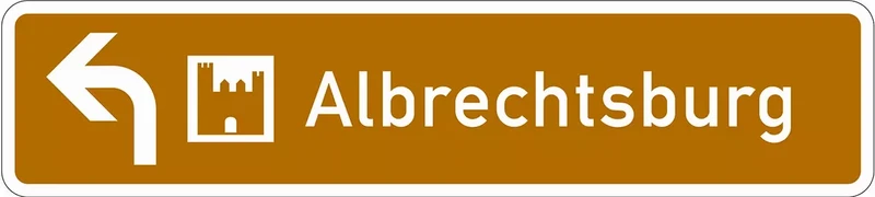 Verkehrszeichen VZ386.1-11 Touristischer Hinweis als Wegweiser – Vorwegweiser linksweisend, veränderte Zeichenhöhe