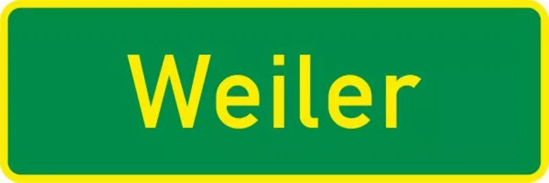 Verkehrszeichen VZ385 Ortshinweistafel (war von 1971 bis 1992 schon einmal Zeichen 385), bisher Zeichen 385-50