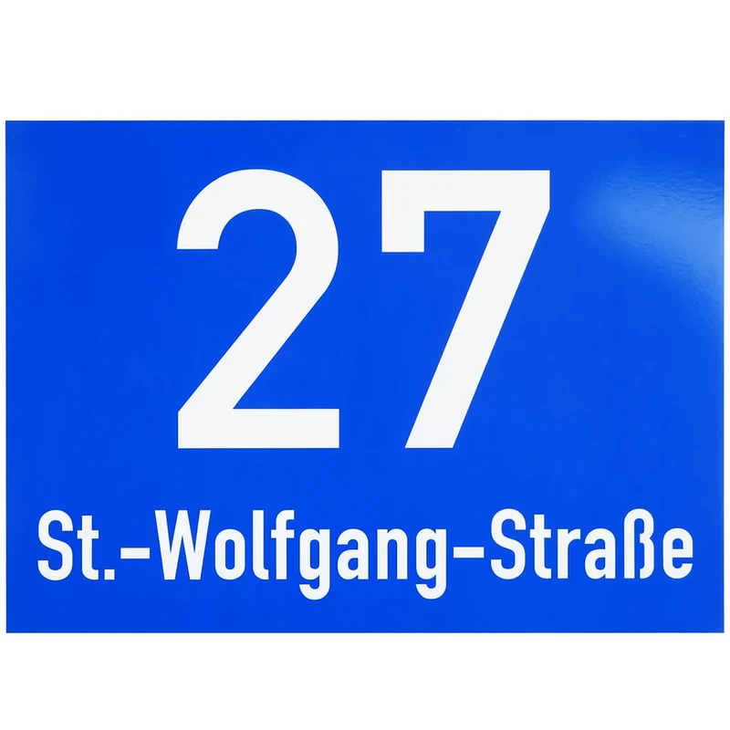 Hausnummernschild Aluminium 165x165mm, blau, ohne Rahmen, mit Straßenangabge, 2mm, Ra1, inkl. 4 Bohrungen in den Ecken