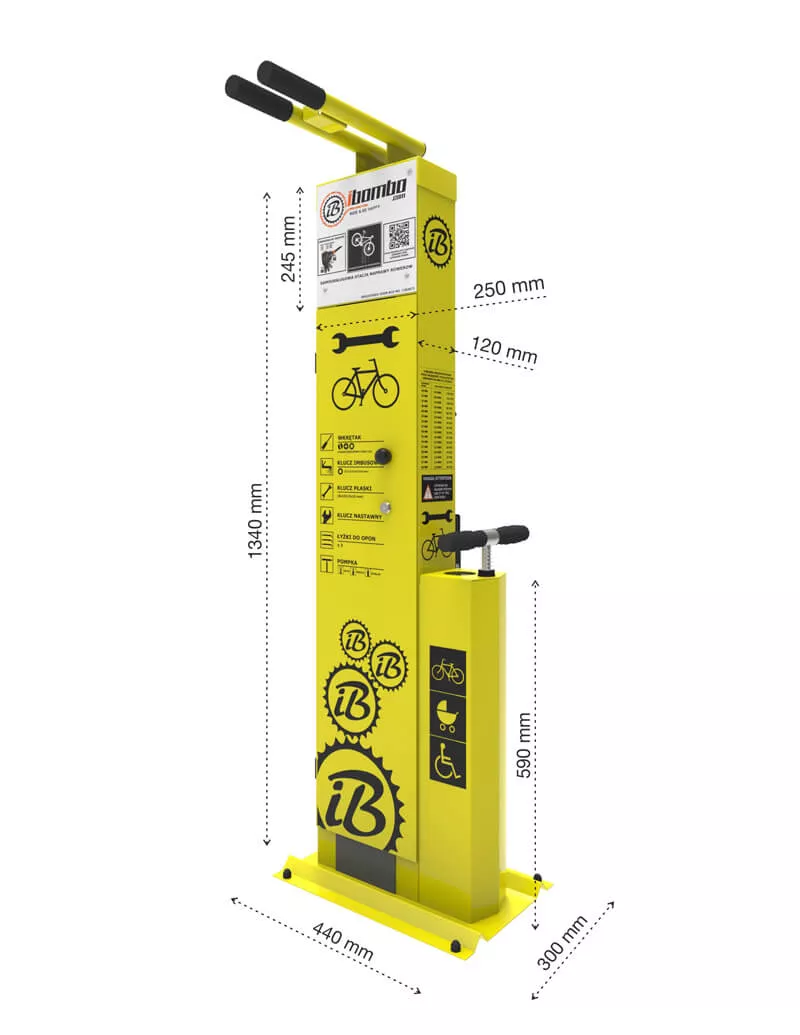 Fahrrad-Reparaturstation mit Tür mit Caddy-Schloss-System verzinkter Stahl, thermoplast beschichtet, Edelstahl-Pumpenkolben, metallverstärkter Schlauch und Pumpenkopf
