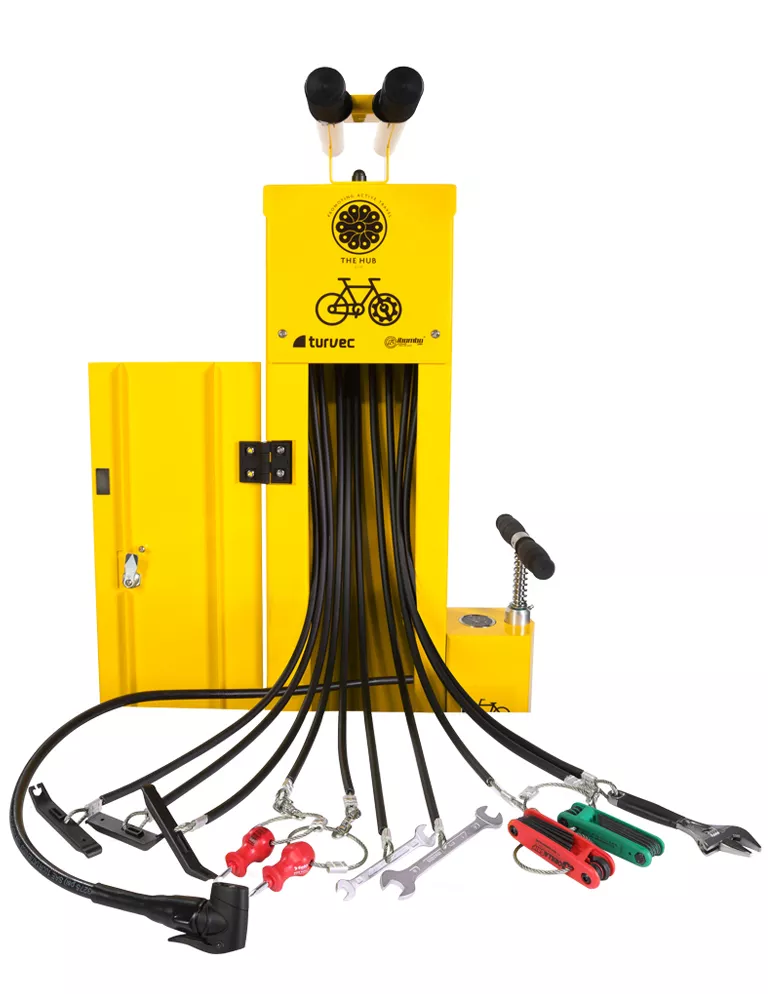 Fahrrad-Reparaturstation mit Tür mit Caddy-Schloss-System, verzinkter Stahl, thermoplast beschichtet, metallverstärkter Schlauch und Pumpenkopf