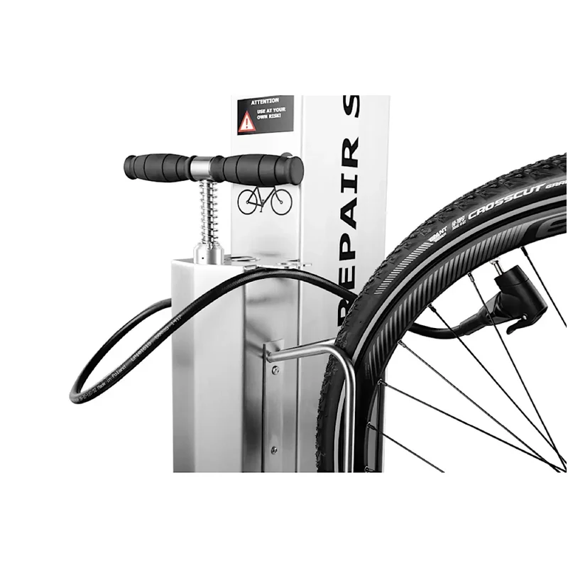 Fahrrad-Reparaturstation mit Tür mit Caddy-Schloss-System, verzinkter Stahl, thermoplast beschichtet, Edelstahl-Pumpenkolben
