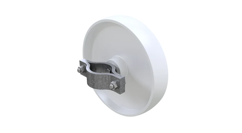 Laufrolle für Bauzaun-Torelement, Ø 200mm, weiß, inkl. Rohrschelle für Rohrdurchmesser 40-45mm