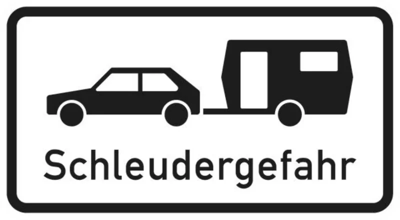 Verkehrszeichen VZ1006-30 Schleudergefahr für Wohnwagengespane an Gefällstrecken mit starkem Seitenwind auf Autobahnen