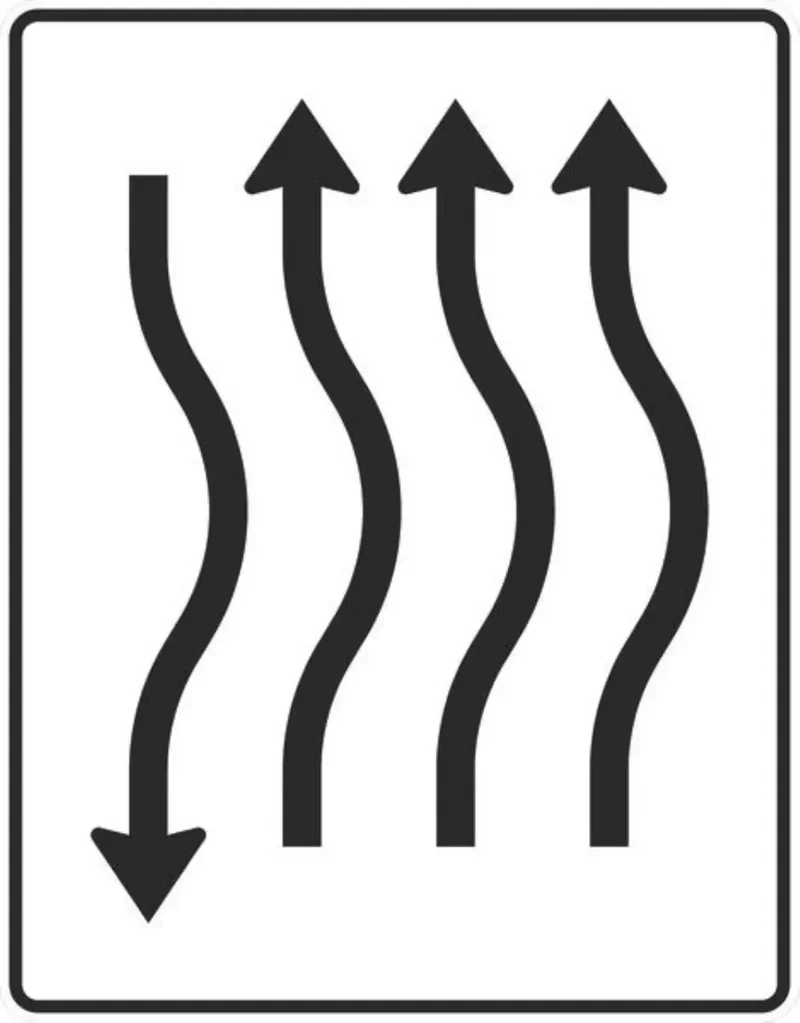 Verkehrszeichen VZ514-22 Verschwenkungstafel kurze Verschwenkung mit Gegenverkehr nach rechts 3-streifig in Fahrtrichtung und 1-streifig in Gegenrichtung
