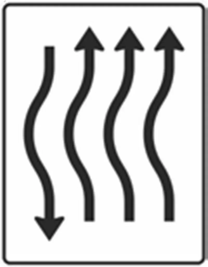 Verkehrszeichen VZ514-12 Verschwenkungstafel kurze Verschwenkung mit Gegenverkehr nach links 3-streifig in Fahrtrichtung und 1-streifig in Gegenrichtung