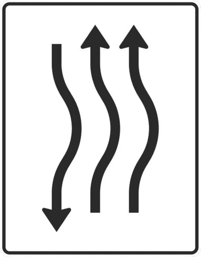Verkehrszeichen VZ514-21 Verschwenkungstafel kurze Verschwenkung mit Gegenverkehr nach rechts 2-streifig in Fahrtrichtung und 1-streifig in Gegenrichtung