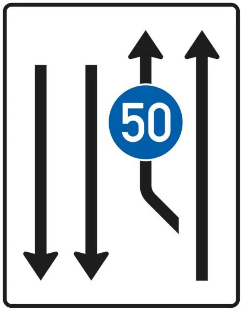 Verkehrszeichen VZ546-11 Aufweitungstafel – mit Gegenverkehr mit integriertem Zeichen 275 – einstreifig plus Fahrstreifen links und 2 Fahrstreifen in Gegenrichtung