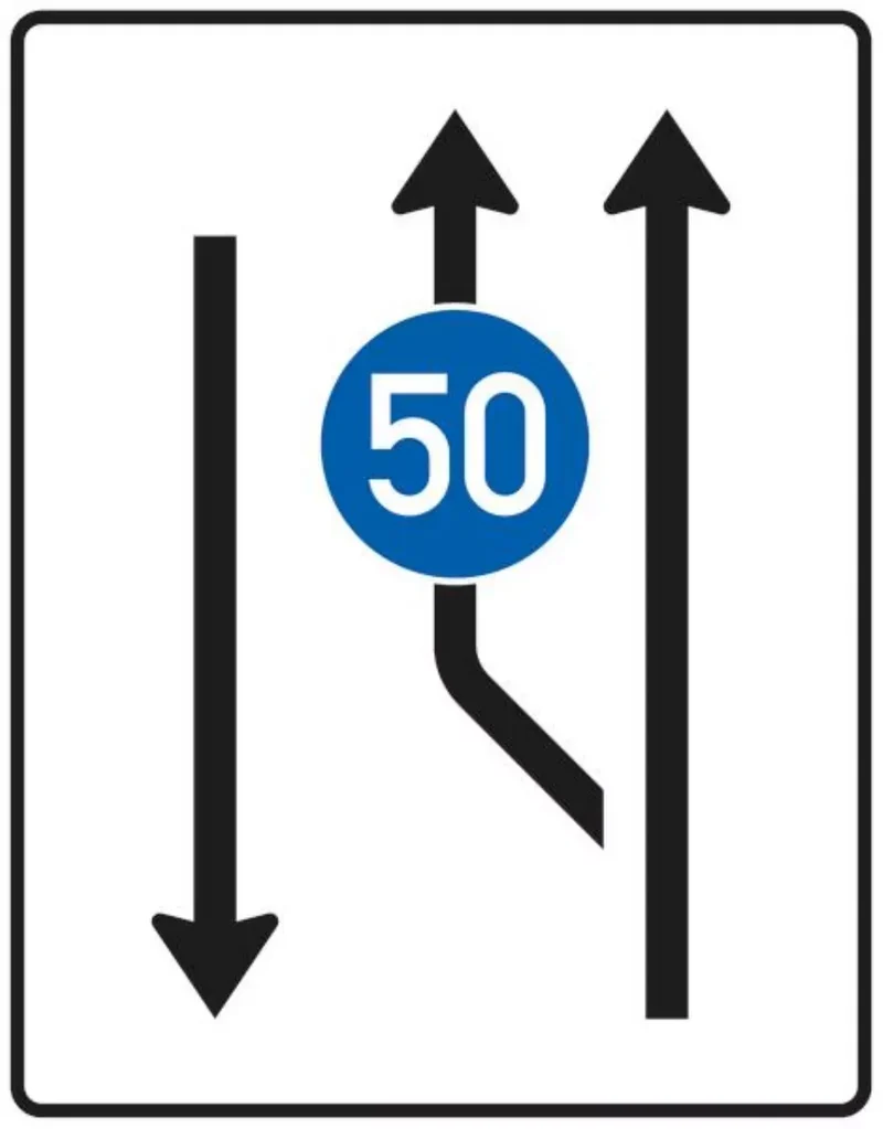 Verkehrszeichen VZ546-10 Aufweitungstafel – mit Gegenverkehr mit integriertem Zeichen 275 – einstreifig plus Fahrstreifen links und 1 Fahrstreifen in Gegenrichtung