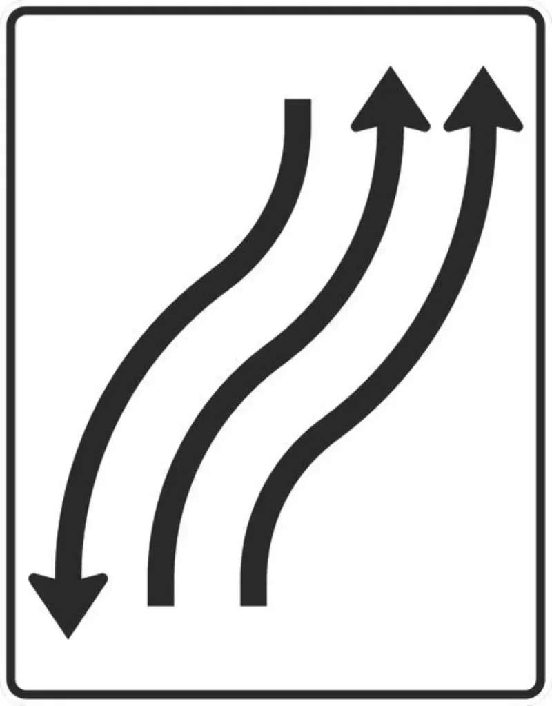 Verkehrszeichen VZ512-22 Verschwenkungstafel mit Gegenverkehr Verschwenkung nach rechts 2-streifig in Fahrtrichtung und 1-streifig in Gegenrichtung