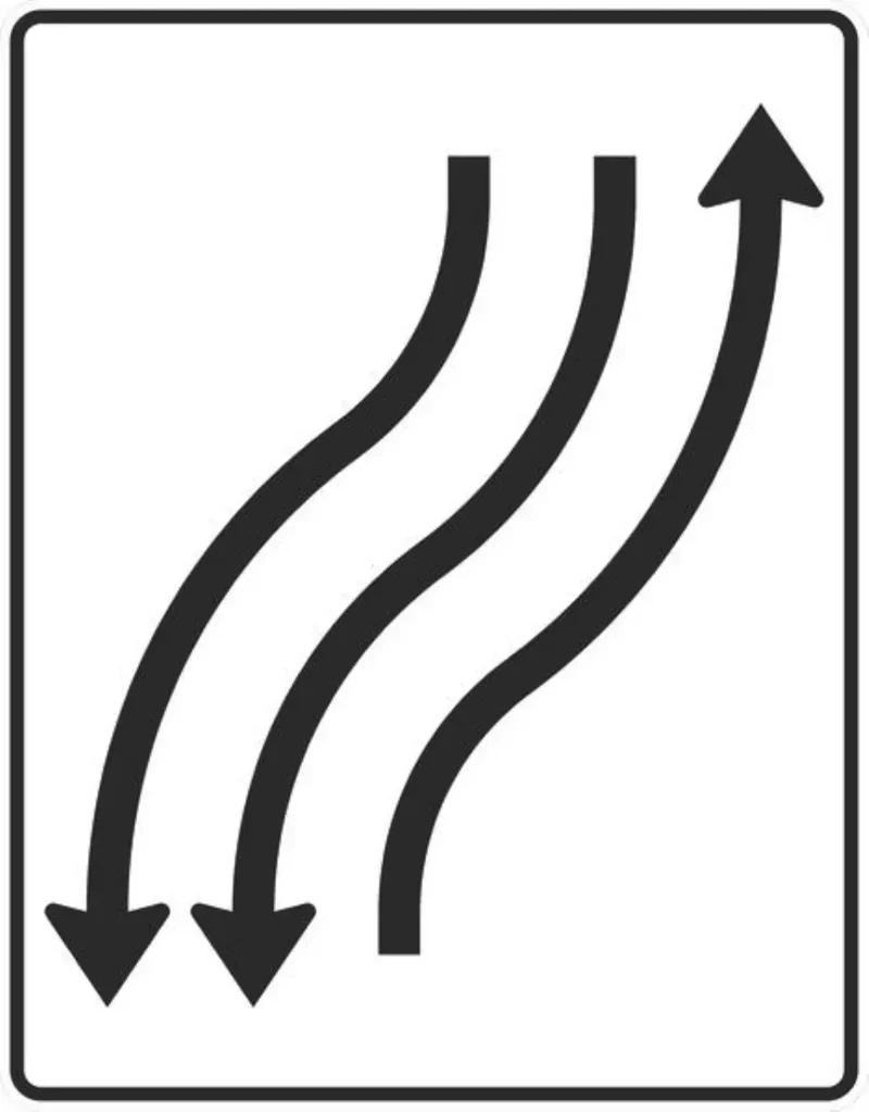 Verkehrszeichen VZ512-21 Verschwenkungstafel mit Gegenverkehr Verschwenkung nach 1-streifig in Fahrtrichtung rechts und 2-streifig in Gegenrichtung