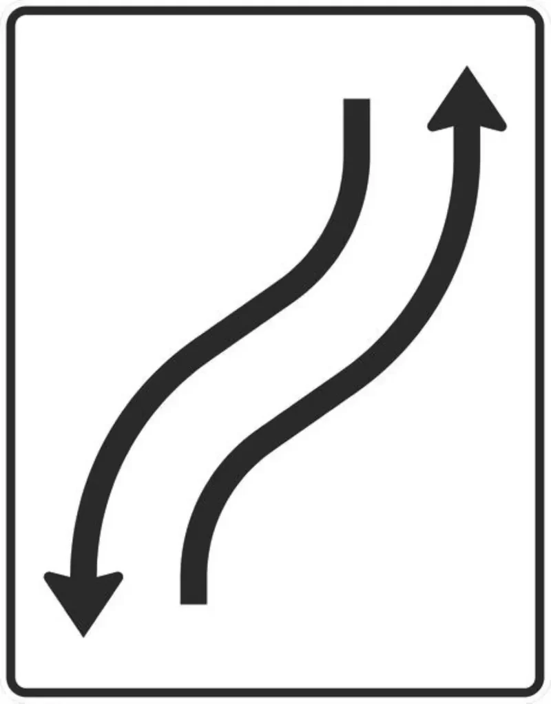 Verkehrszeichen VZ512-20 Verschwenkungstafel mit Gegenverkehr Verschwenkung nach links 1-streifig in Fahrtrichtung links und 1-streifig in Gegenrichtung