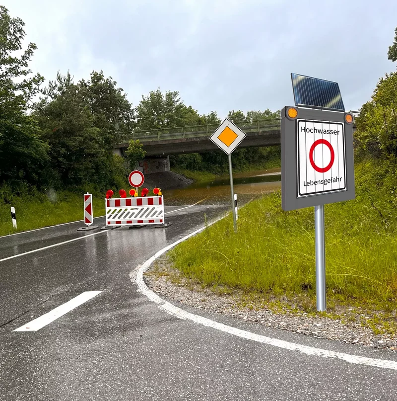 Hochwasserwarnsystem, Set mit 2 Prismenschilder und Flutsensor, mit Solar