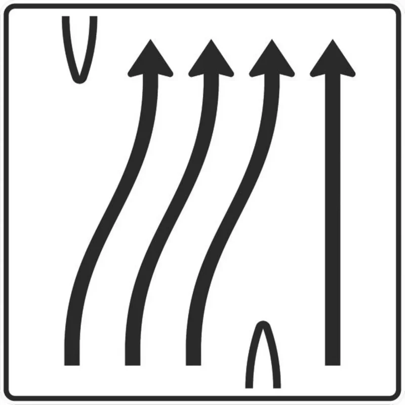 Verkehrszeichen VZ501-61 Überleitungstafel ohne Gegenverkehr 4-streifig, davon die drei linken Fahrstreifen nach rechts übergeleitet und rechter Fahrstreifen geradeaus.