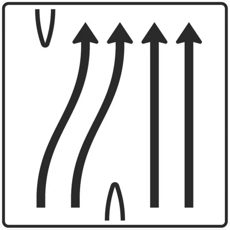 Verkehrszeichen VZ501-60 Überleitungstafel ohne Gegenverkehr 4-streifig, davon die beiden linken Fahrstreifen nach rechts übergeleitet und die beiden rechten Fahrstreifen geradeaus.