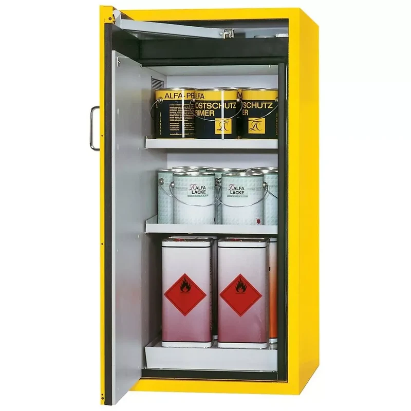 Gefahrstoffschrank, BxTxH 596x616x1298 mm, 2 Fachböden, 1 Auffangwanne mit Lochblecheinsatz, FWF 90, RAL 1004