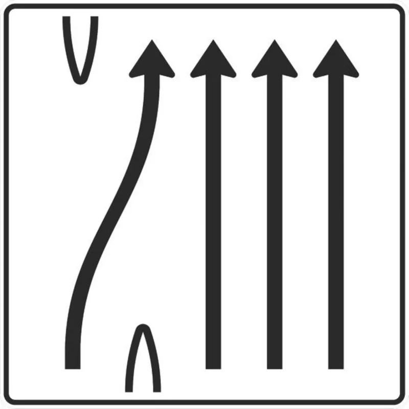Verkehrszeichen VZ501-29 Überleitungstafel ohne Gegenverkehr 4-streifig, davon linker Fahrstreifen nach rechts übergeleitet und die drei rechten Fahrstreifen geradeaus.