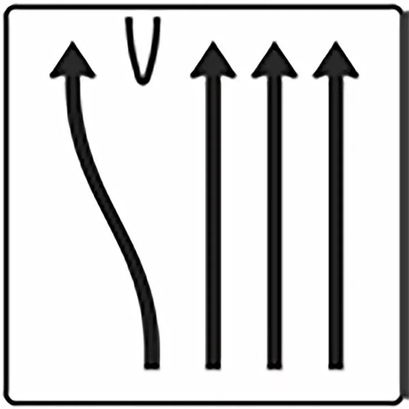 Verkehrszeichen VZ501-19 Überleitungstafel ohne Gegenverkehr 4-streifig, davon linker Fahrstreifen nach links übergeleitet und die drei rechten Fahrstreifen geradeaus.