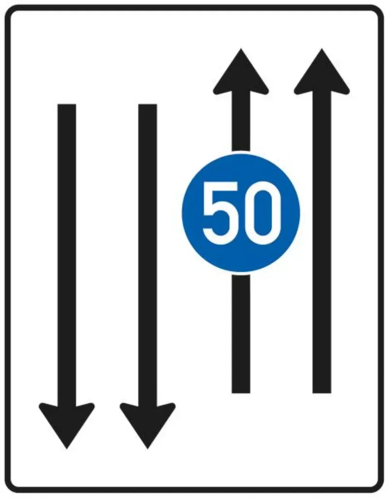 Verkehrszeichen VZ526-33 Fahrstreifentafel – mit Gegenverkehr und mit integriertem Zeichen 275 – zweistreifig in Fahrtrichtung und zweistreifig in Gegenrichtung