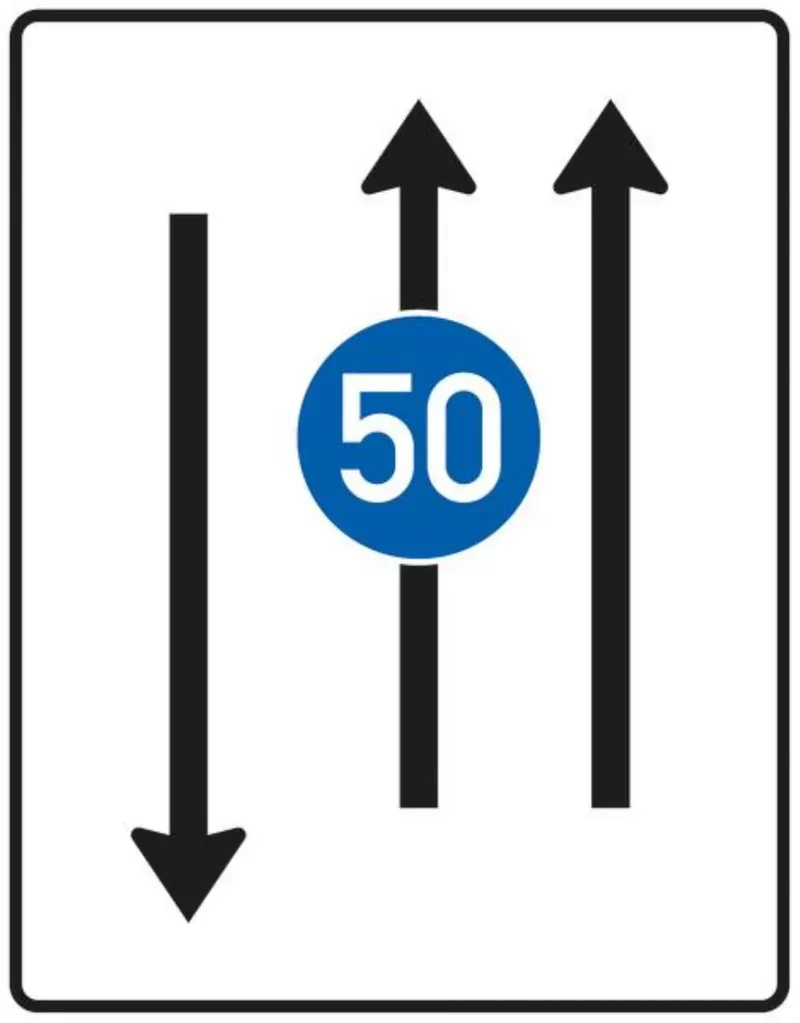 Verkehrszeichen VZ526-31 Fahrstreifentafel – mit Gegenverkehr und mit integriertem Zeichen 275 – zweistreifig in Fahrt­richtung und einstreifig in Gegenrichtung