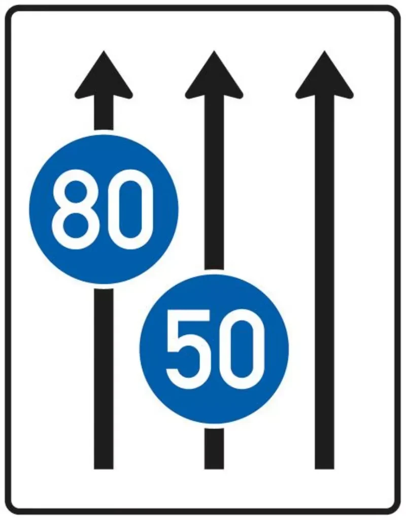 Verkehrszeichen VZ525-31 Fahrstreifentafel – ohne Gegenverkehr mit integriertem Zeichen 275 – dreistreifig in Fahrtrichtung