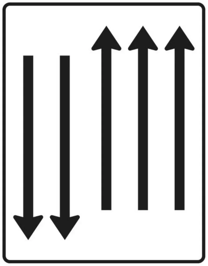 Verkehrszeichen VZ522-34 Fahrstreifentafel – mit Gegenverkehr – dreistreifig in Fahrtrichtung und zweistreifig in Gegenrichtung