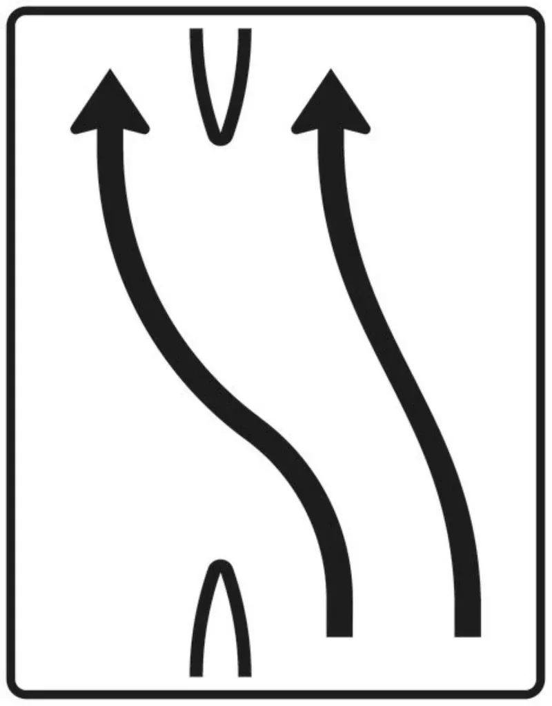 Verkehrszeichen VZ501-13 Überleitungstafel – ohne Gegenverkehr – zweistreifig nach links, ein Fahrstreifen übergeleitet
