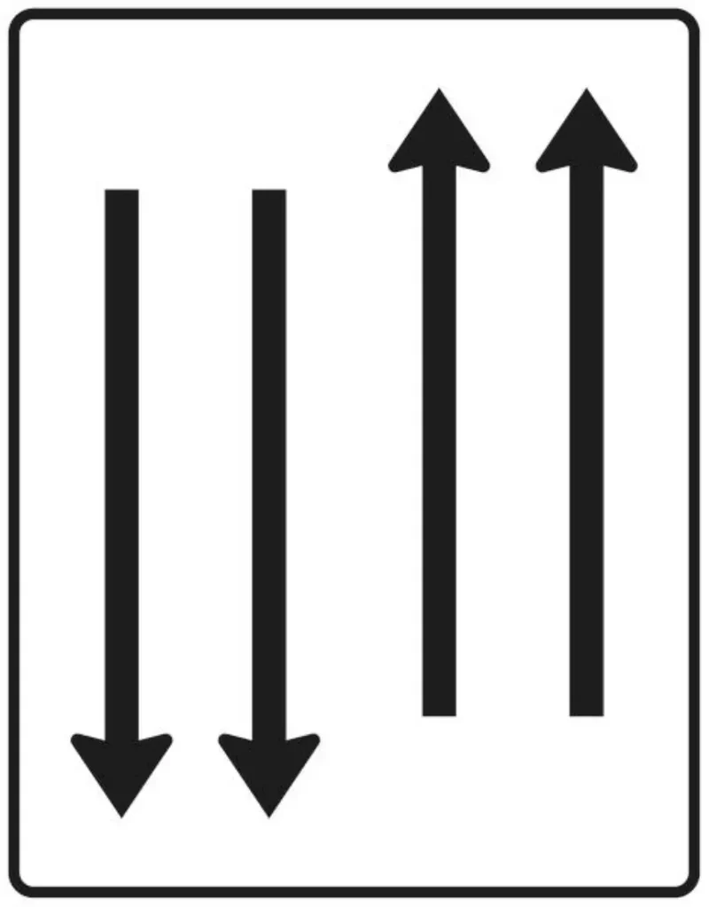 Verkehrszeichen VZ522-33 Fahrstreifentafel – mit Gegenverkehr – zweistreifig in Fahrtrichtung und zweistreifig in Gegenrichtung