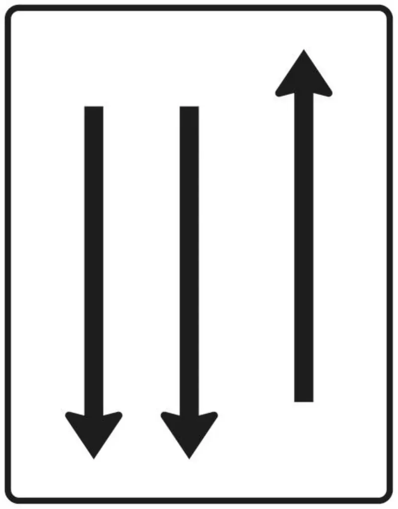 Verkehrszeichen VZ522-32 Fahrstreifentafel – mit Gegenverkehr – einstreifig in Fahrtrichtung und zweistreifig in Gegenrichtung