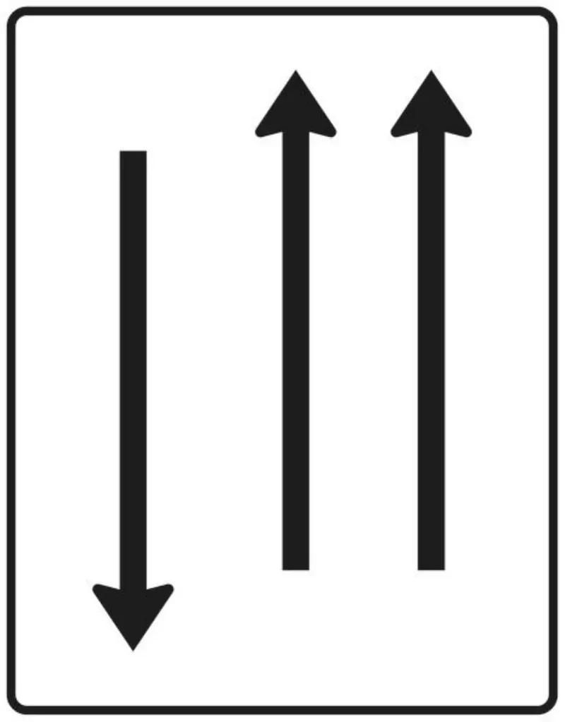 Verkehrszeichen VZ522-31 Fahrstreifentafel – mit Gegenverkehr – zweistreifig in Fahrtrichtung und einstreifig in Gegenrichtung