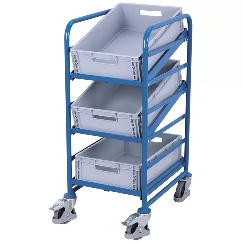 Eurokastenwagen, 3 offene Rahmen, 3 Kunststoffkästen, Ladefläche LxB 410x610 mm, AußenmaßeLxBxH 520x665x1160 mm, Tragla